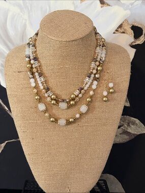 Elegant Gold and White Beaded Multi-Strand Necklace Set